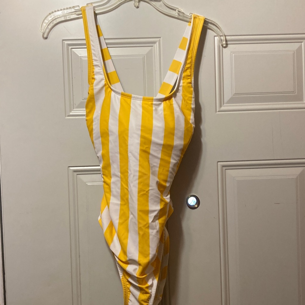 Yellow and White Vertical Stripe One-Piece Swimsuit M